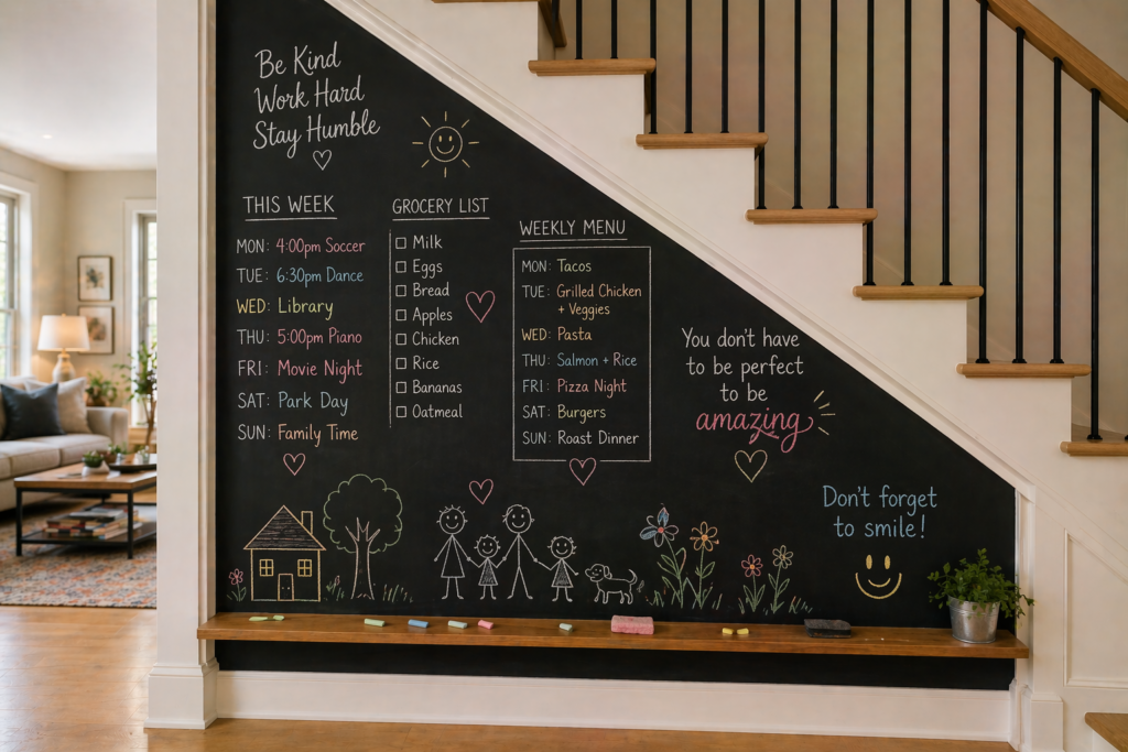 Under stairs wall painted with chalkboard paint showing family schedules grocery list and doodles