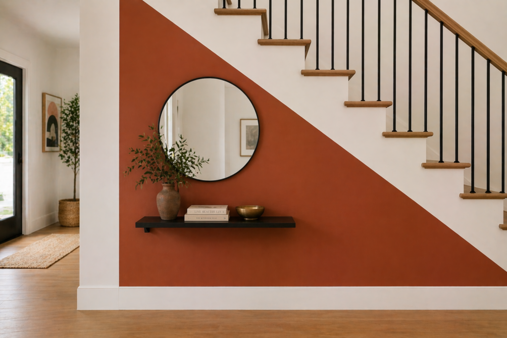 Bold diagonal terracotta paint block under stairs following staircase angle as geometric accent wall