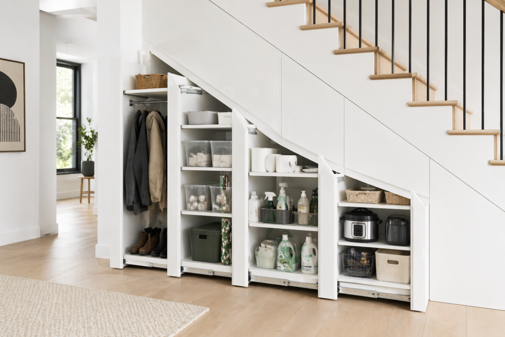  Hidden pull-out storage cubes built under stairs in a minimalist home showing organized household items