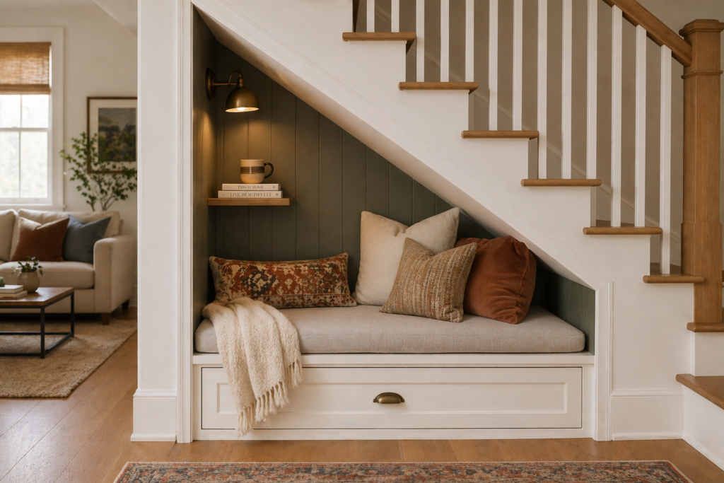  Cozy reading nook built under stairs with cushioned bench throw pillows and warm reading lamp