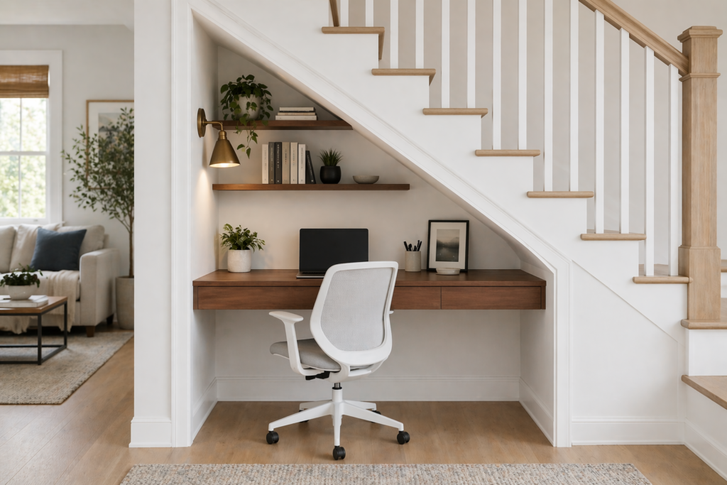 Compact under stairs home office with floating desk wall shelves and sconce lighting