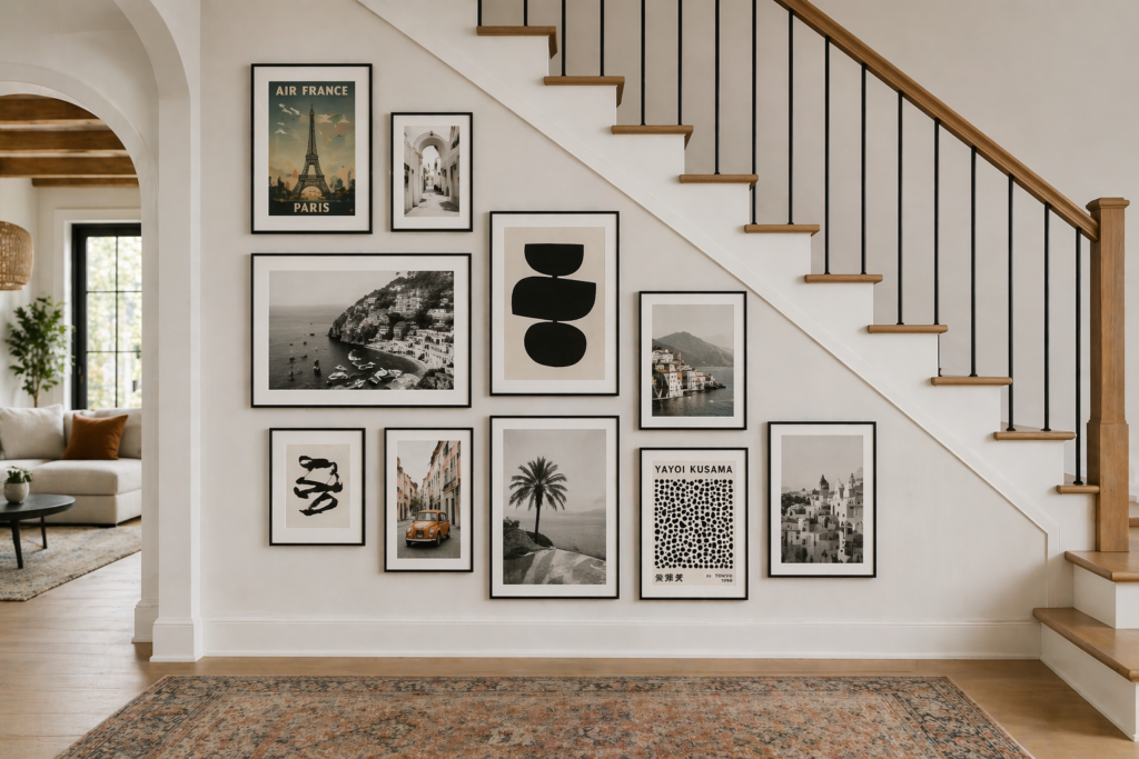 Statement gallery wall following staircase angle with mixed black and white frames and travel photography
