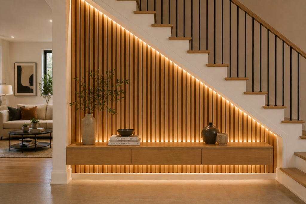 Vertical oak wood slat accent wall under staircase with warm LED backlighting in a contemporary home