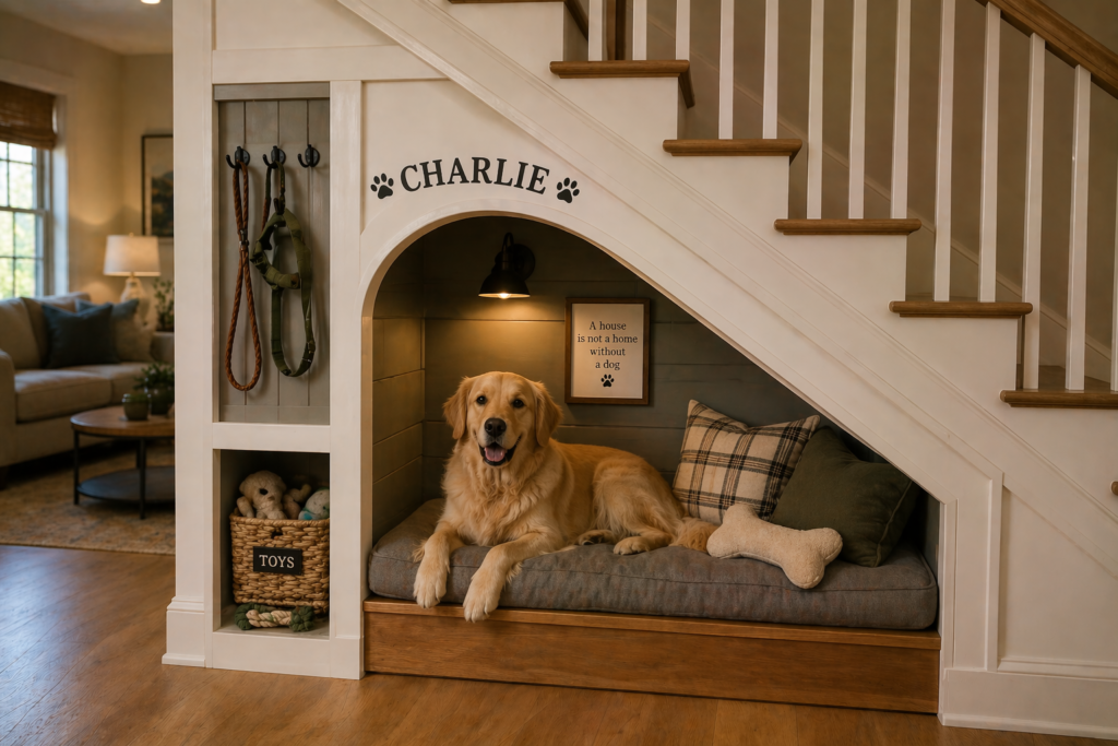  Under stairs dog den with built-in wooden bed frame hooks for leashes and personalized name sign