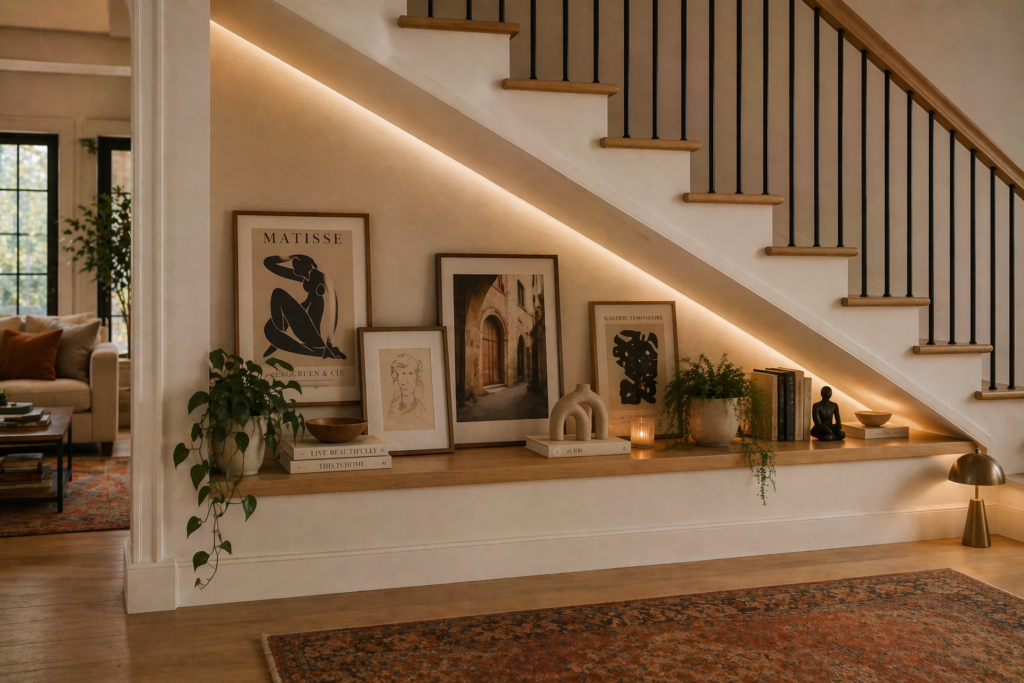 Long art ledge running along under stairs angled wall displaying layered art books and plants