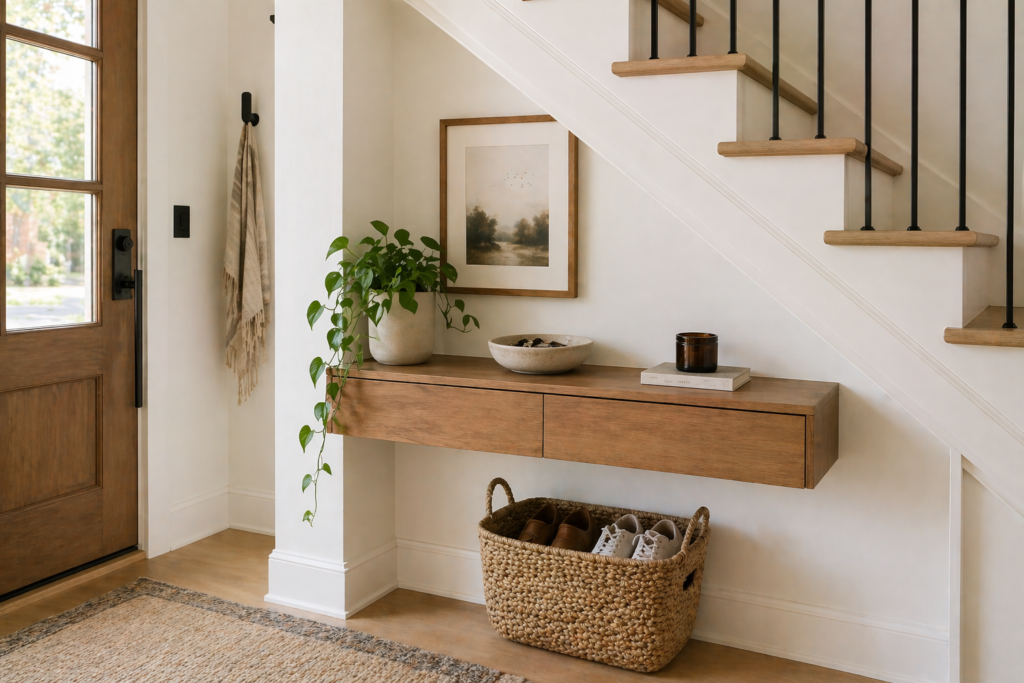Slim floating console under stairs near front door styled as organized drop zone with key bowl and plant