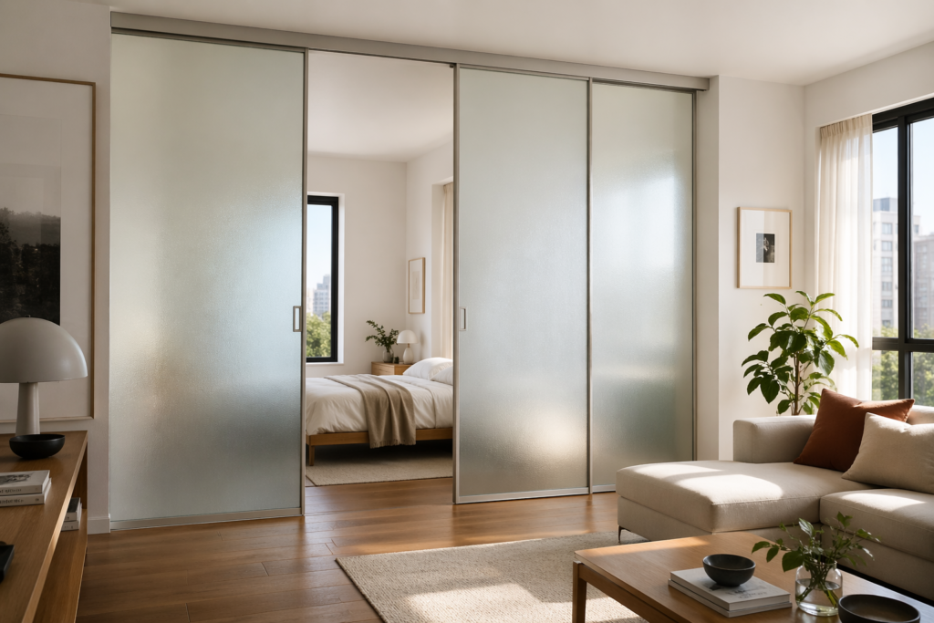 wall divider ideas for small apartments using frosted glass sliding panel dividers separating bedroom and living room