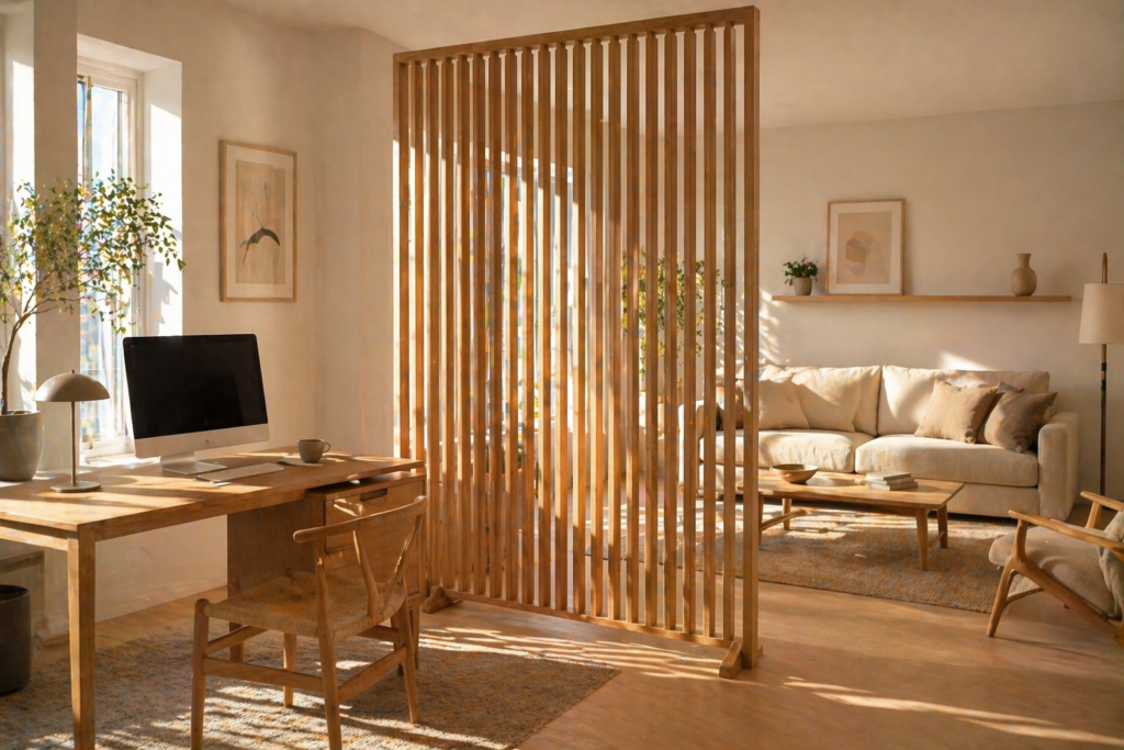 wood slat wall divider ideas for small apartments with vertical oak panels creating home office separation