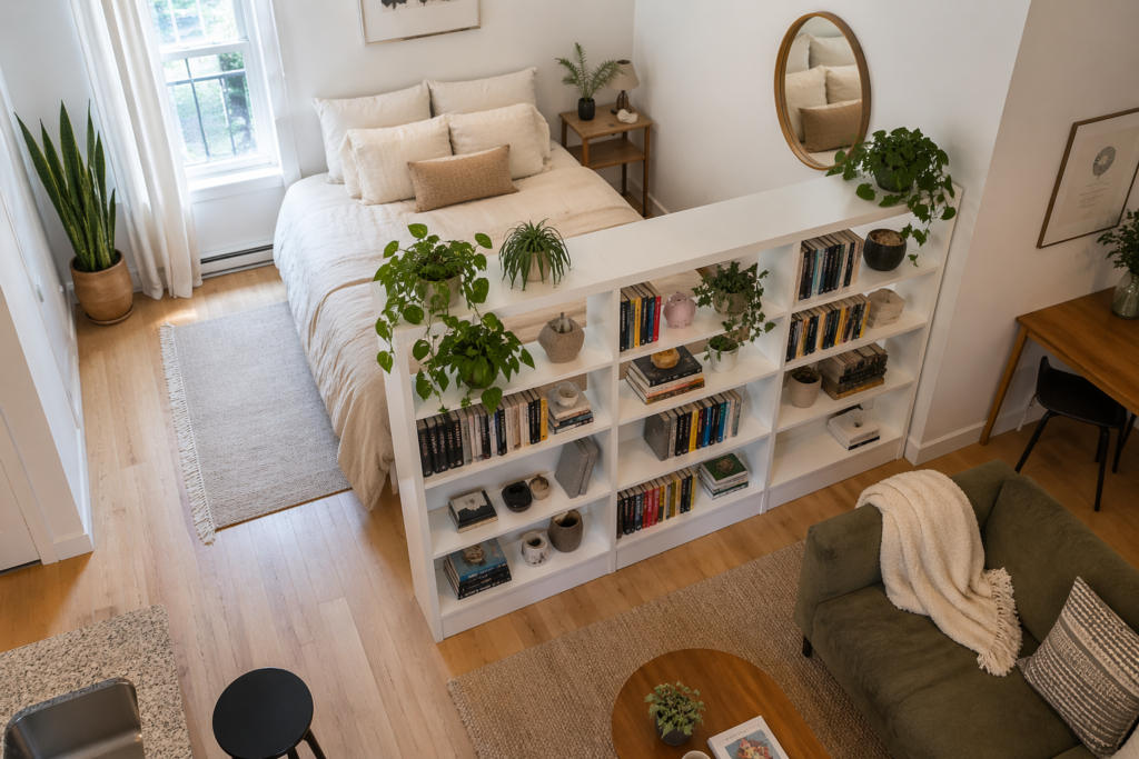 bookshelf wall divider ideas for small apartments with open shelving separating living and sleeping areas