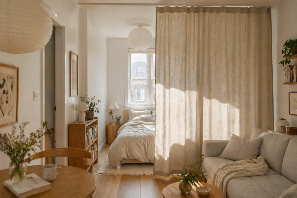 curtain wall divider ideas for small apartments with linen ceiling-hung fabric separating room zones