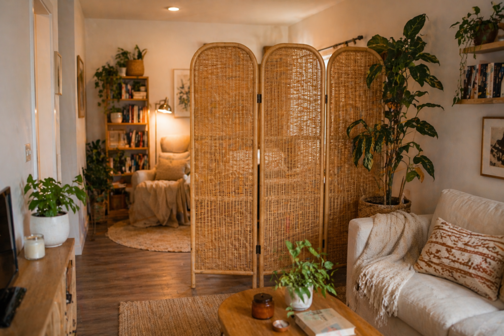 folding screen wall divider ideas for small apartments with rattan panels creating privacy in a living room