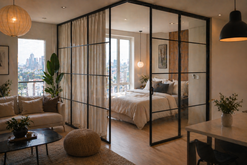 glass partition wall divider ideas for small apartments with black metal frames separating bedroom and living room