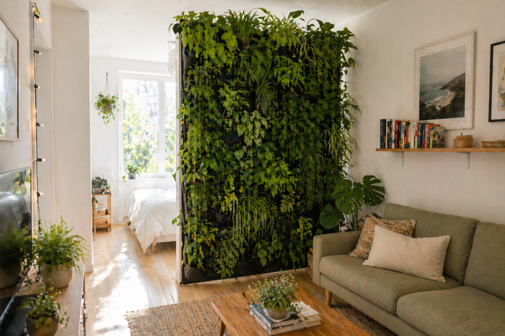 plant wall divider ideas for small apartments with vertical green wall of tropical houseplants