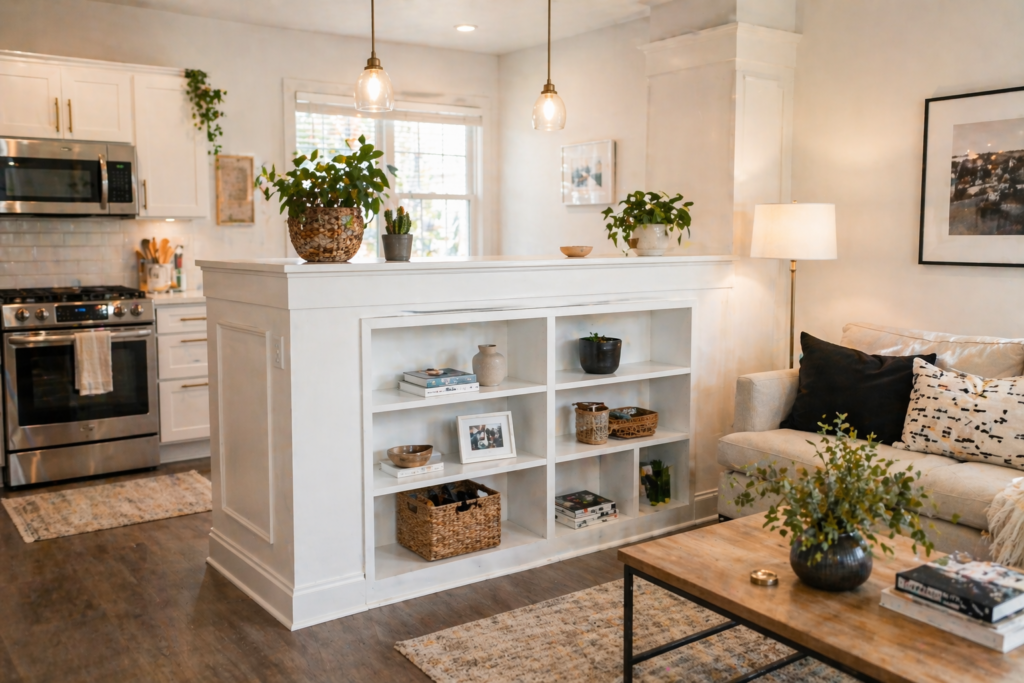 half wall divider ideas for small apartments with built-in shelving separating kitchen and living room