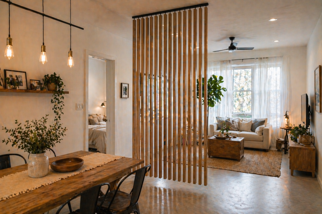 ceiling hung panel wall divider ideas for small apartments with wooden slats separating dining and living areas