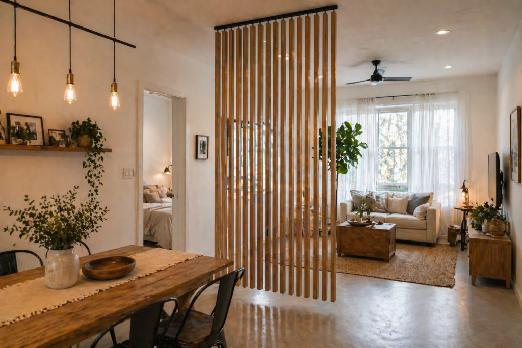 ceiling hung panel wall divider ideas for small apartments with wooden slats separating dining and living areas