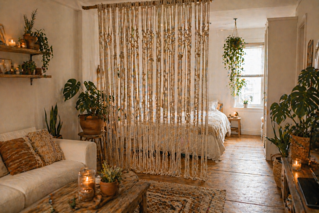 rope macrame wall divider ideas for small apartments with floor to ceiling natural fibre hanging creating room separation