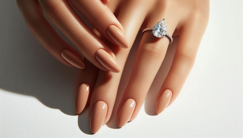 minimalist wedding nail ideas showing perfect nude almond shaped gel nails with pear diamond engagement ring on white background
