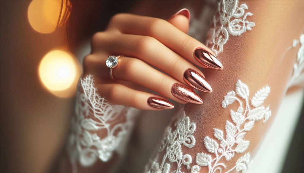 modern wedding nail ideas featuring rose gold chrome mirror finish on almond shaped nails with wedding dress lace background