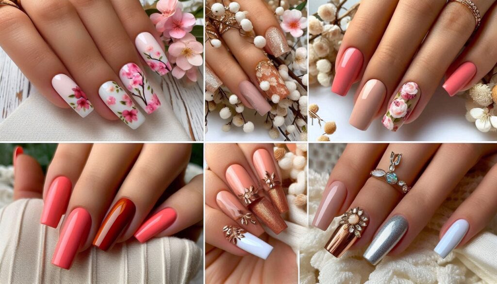 seasonal wedding nail ideas collage showing spring floral, summer coral, autumn terracotta and winter silver chrome bridal nail designs