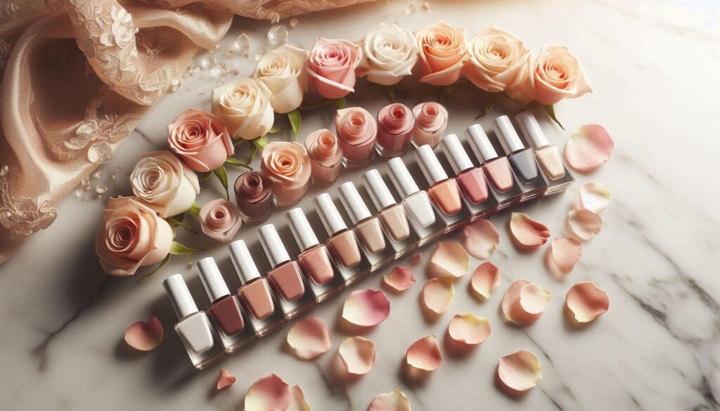 top bridal nail color palette for wedding nail ideas showing ten polish bottles from blush pink to nude and champagne on white marble