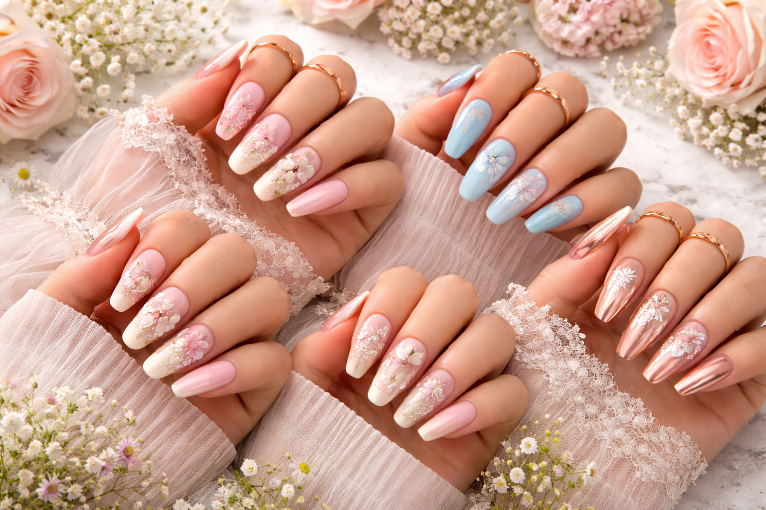 wedding nail ideas flat lay showing French tip, blush pink, chrome and floral bridal nail designs on white marble