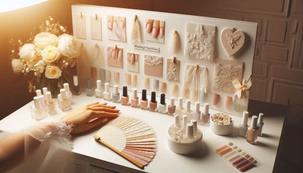  nail technician bridal consultation showing wedding nail ideas mood board with polish swatches and lace fabric for colour matching