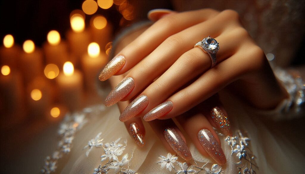 glamorous wedding nail ideas featuring champagne glitter ombre nails with diamond ring in candlelit ballroom setting
