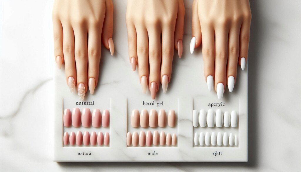 comparison of wedding nail options showing natural gel, hard gel extension and acrylic nails side by side for bridal nail ideas planning