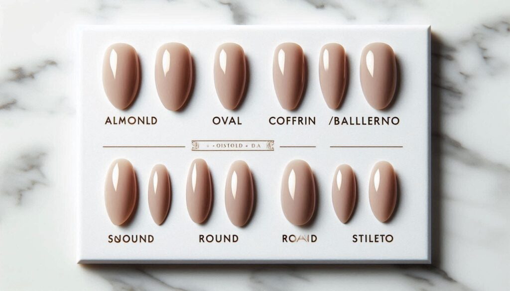 diagram showing six wedding nail shapes side by side — almond, oval, coffin, squoval, round and stiletto — in nude polish on white marble