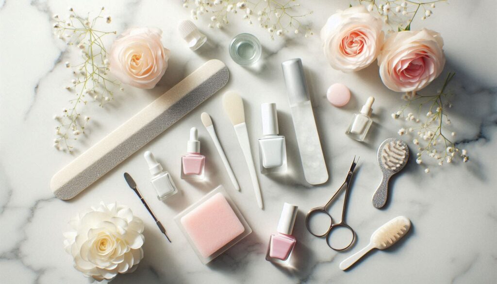  bridal nail prep essentials flat-lay showing cuticle oil, nail strengthener, file and polish on white marble for wedding nail care routine