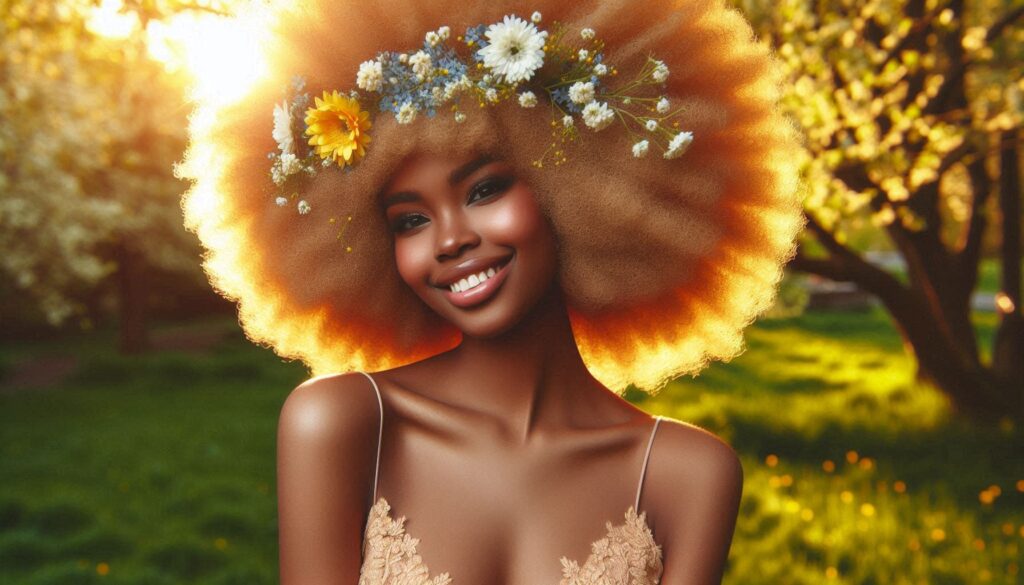 Honey blonde afro on Black woman with soft flower crown in spring outdoor setting
