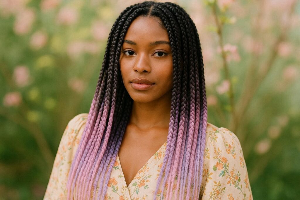Box braids with pastel pink and lavender ombre tips on long braids
