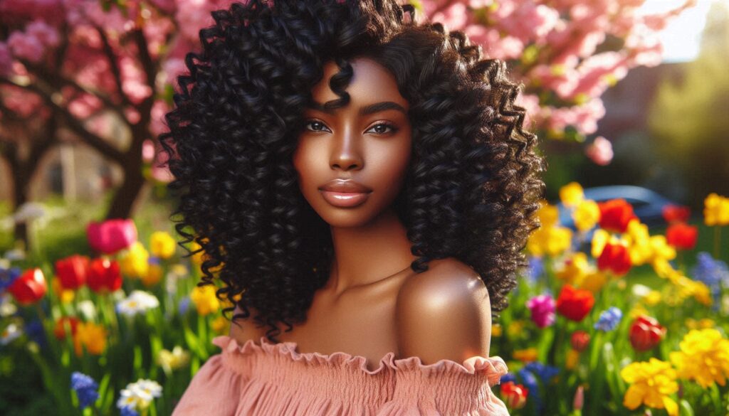 Defined wash and go curls on Type 4 natural hair with glossy, voluminous coils in spring light