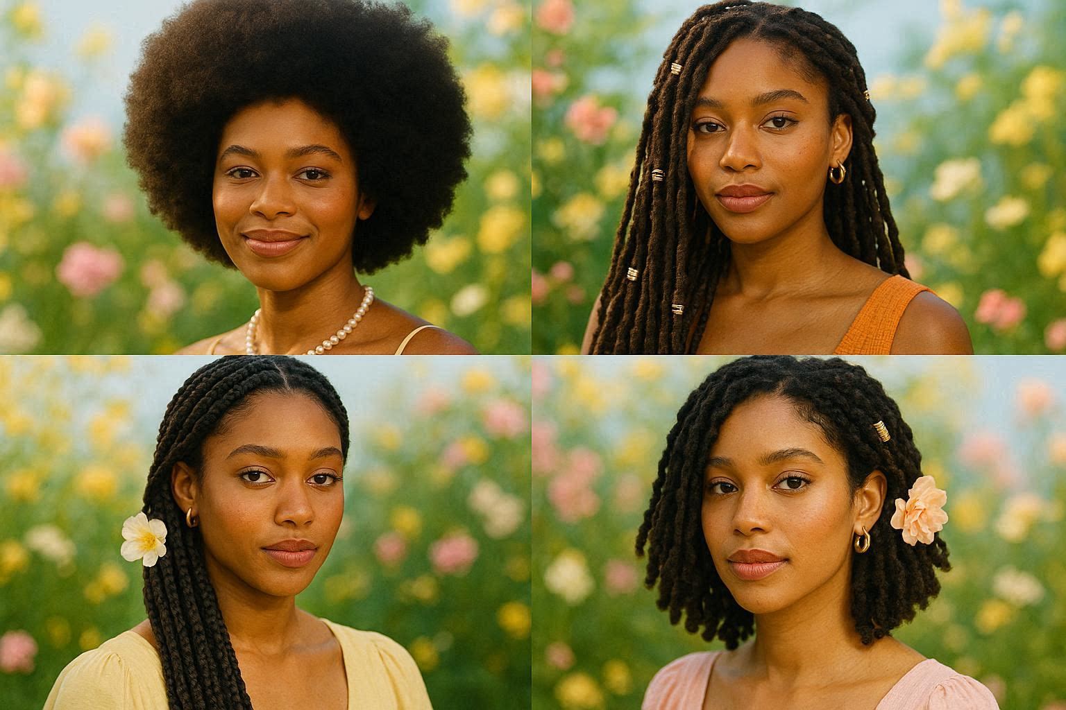 Creative spring hairstyles for Black women 2026 featuring afro, locs, braids, and curls with color and accessories