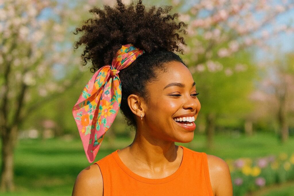High curly ponytail with silk scarf wrap and voluminous natural curls