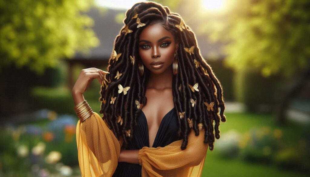 Butterfly locs hairstyle with gold cuffs on long textured locs, stylish spring look