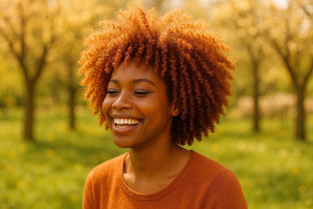 Strawberry blonde coil out with defined warm-toned natural curls