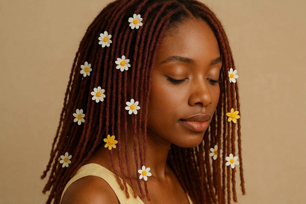 Auburn sisterlocks with small floral clips styled for spring