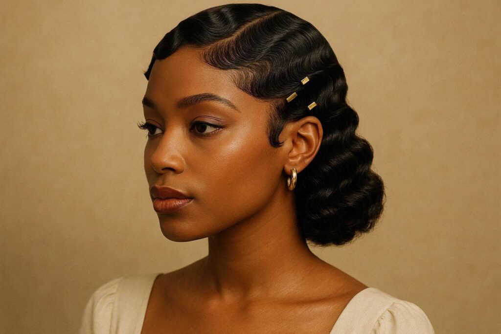 Soft finger waves on natural hair with gold hair clips, elegant style