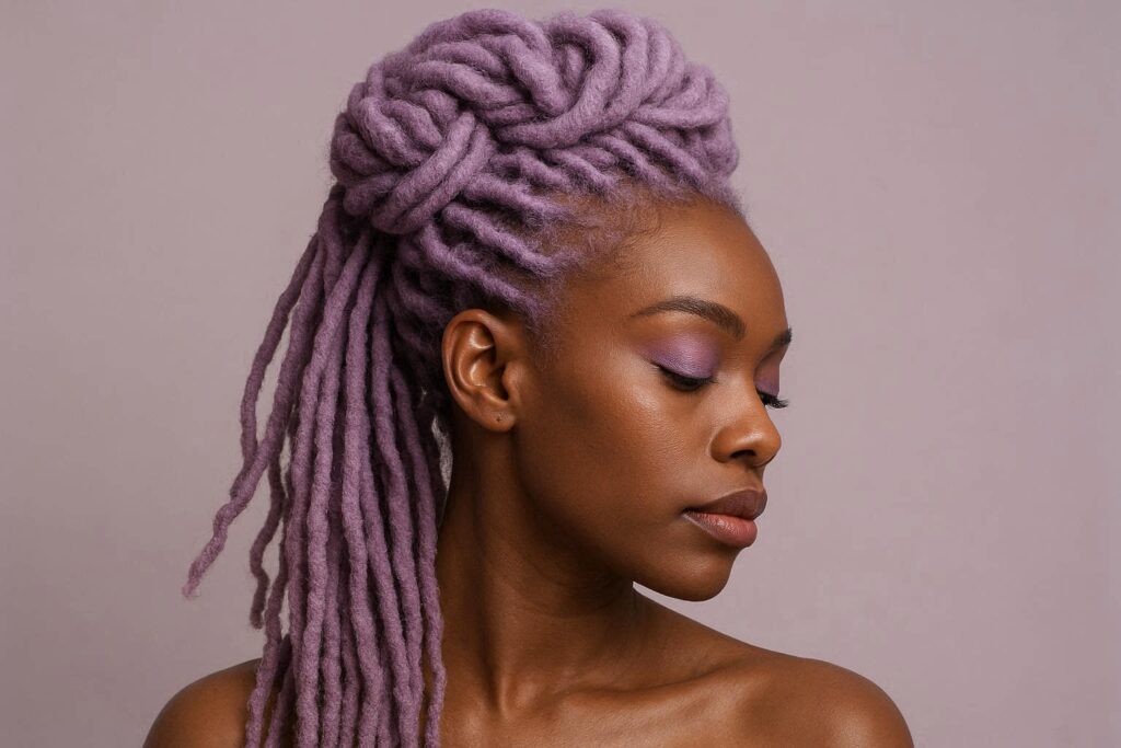 Pastel purple locs styled in elegant updo with soft spring tones