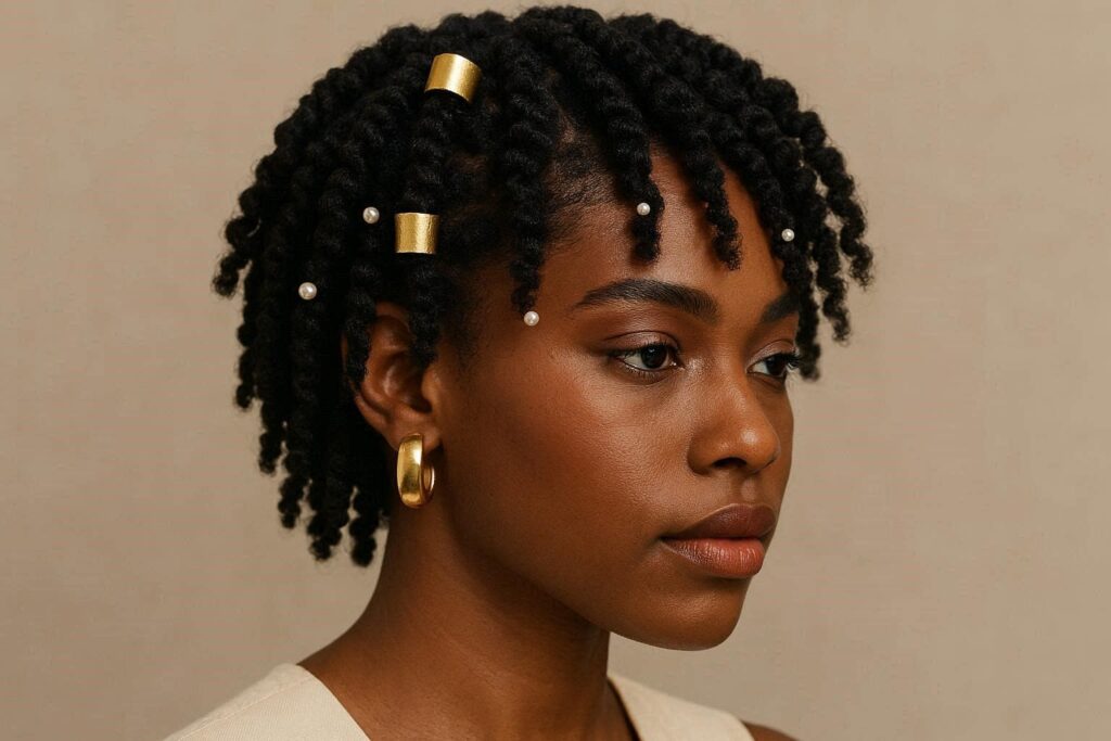 Defined twist out with gold cuffs and pearl pins on natural hair