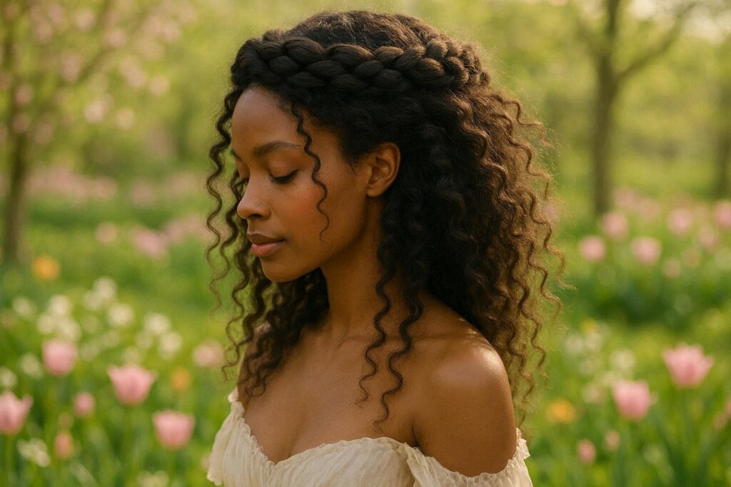 Crown braid with loose curls in romantic spring hairstyle