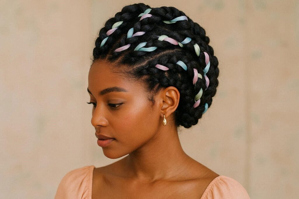 Goddess braids with pastel ribbon accents in an elegant updo