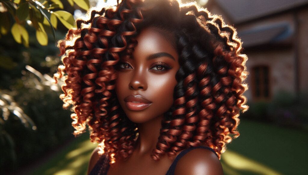 Twist out on natural hair with warm copper highlights and defined curls