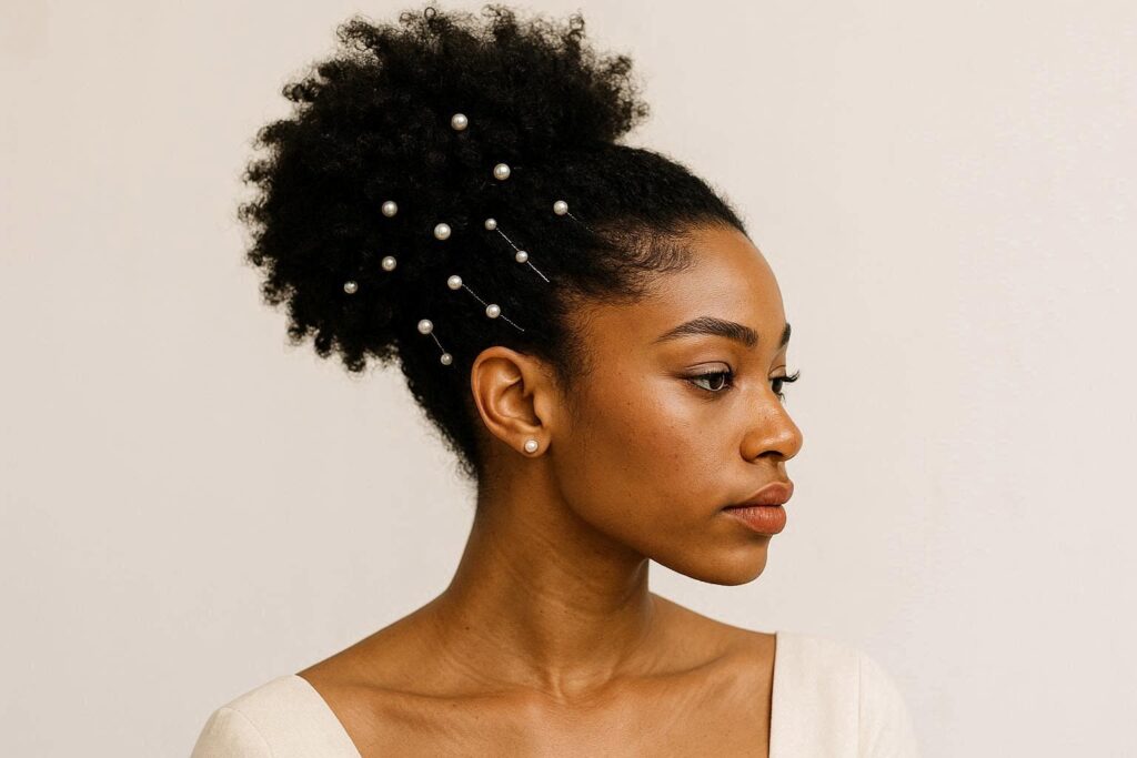 Natural hair puff with pearl hair pins, voluminous coils and elegant styling