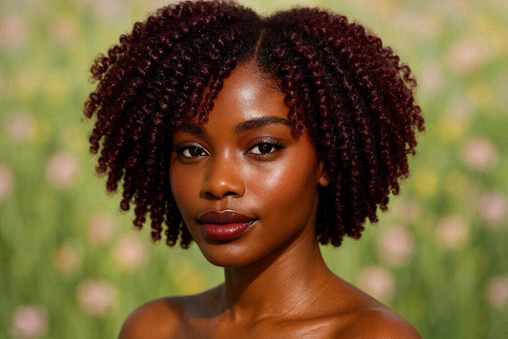 Deep burgundy coils on natural hair with glossy defined curl pattern