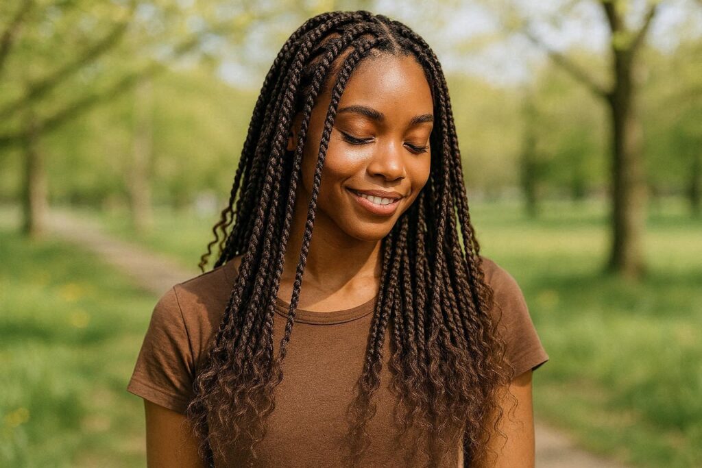 Bohemian knotless braids with loose curly ends and natural flow