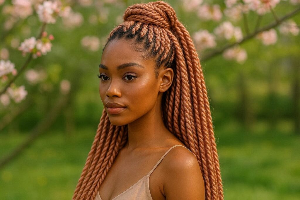 Rose gold Senegalese twists styled half up half down with sleek rope texture