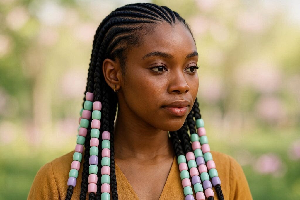 Fulani braids with pastel beads in pink, mint, and lavender tones